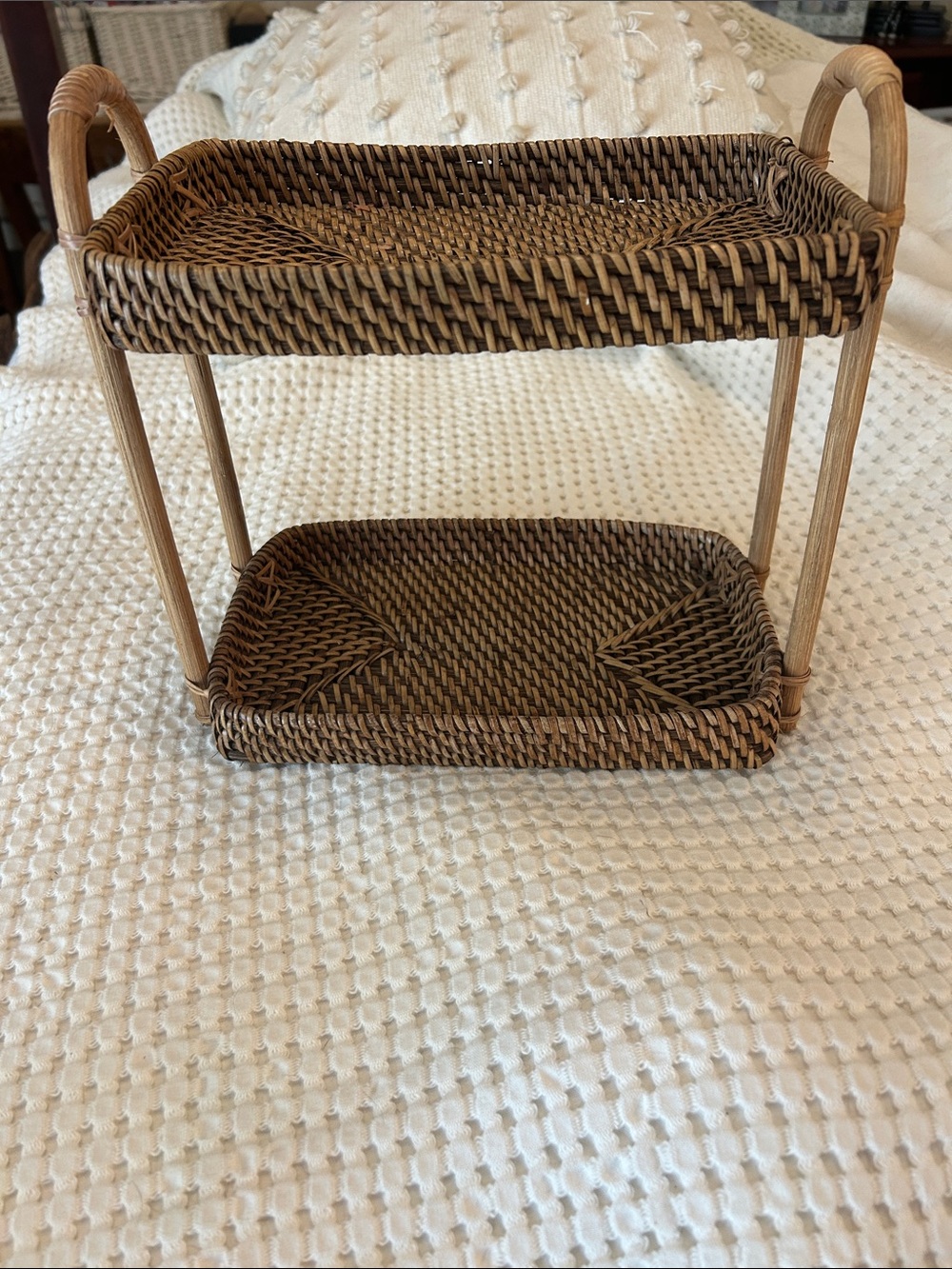 Woven Two-Tier Rattan Bathroom Shelf - Brown
